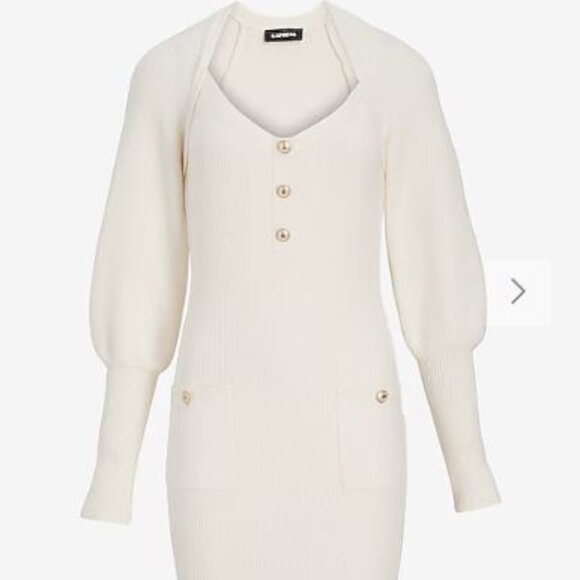 NWT Express Square Neck Balloon Sleeve Novelty Button Mini Sweater Dress - XL - Picture 4 of 4